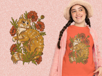 House Cat and Flower Illustration kaos